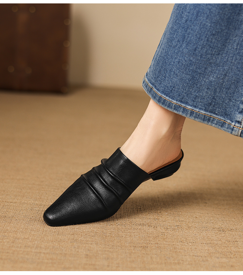 Dép sandal nữ bít mũi quai chữ V đế thấp da bò mùa xuân hè — đen chi tiết 9