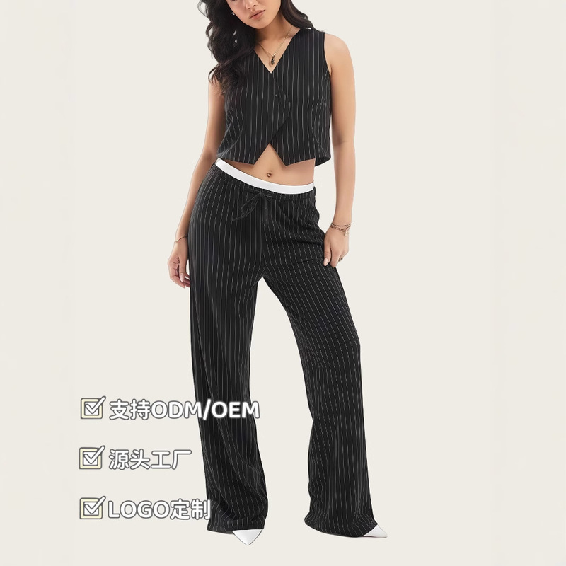 2025 European and American Thin Stripesd Professional Suit Vest Women's Casual Suit Elegant Vest Pants Two-Piece Set