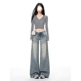 窄版阔腿牛仔裤女夏季秋季2026新款浅色复古宽松直筒显瘦拖地裤子