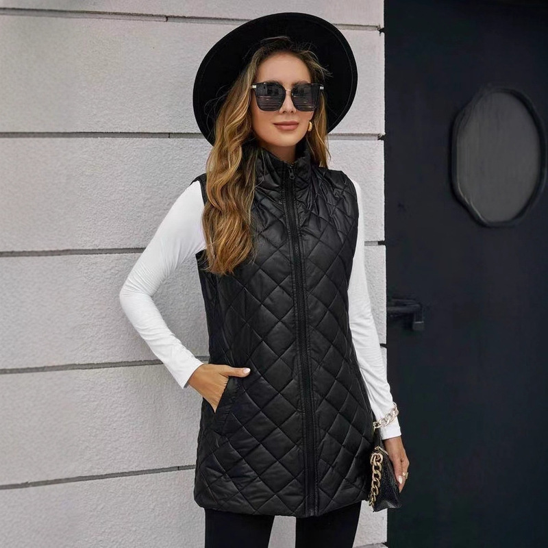 Cross-Border Hot Sale 2025 Amazon European and American Autumn and Winter Zipper Quilted Stand-Up Collar Vest Sleeveless Cotton Jacket Cross-Border Hot Sale 2025 Amazon European and American Autumn and Winter Zipper Quilted Stand-Up Collar Vest Sleeveless Cotton Jacket