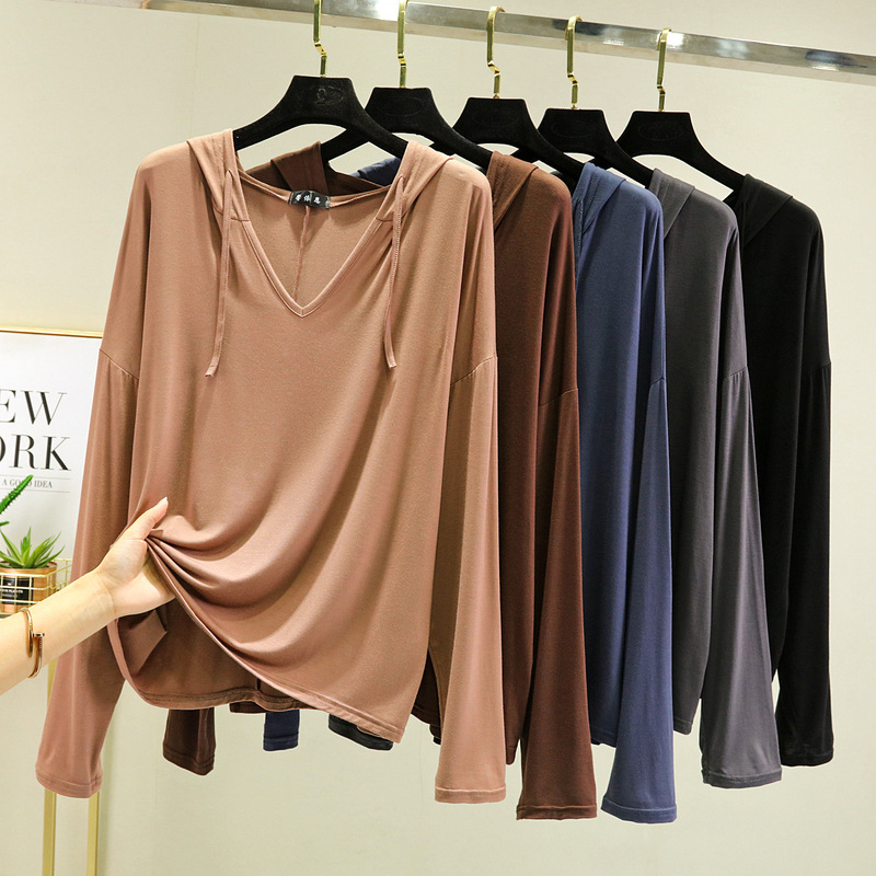 Modal Spring and Summer Thin Hooded Sweater Large Size Base Shirt Outer Wear T-Shirt Loose Sun Protection Clothing Home Air-conditioning Clothing