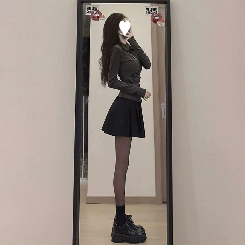 Костюм рубашка и плиссированная юбка JK style, высокая талия, весенний для женщин, чёрный