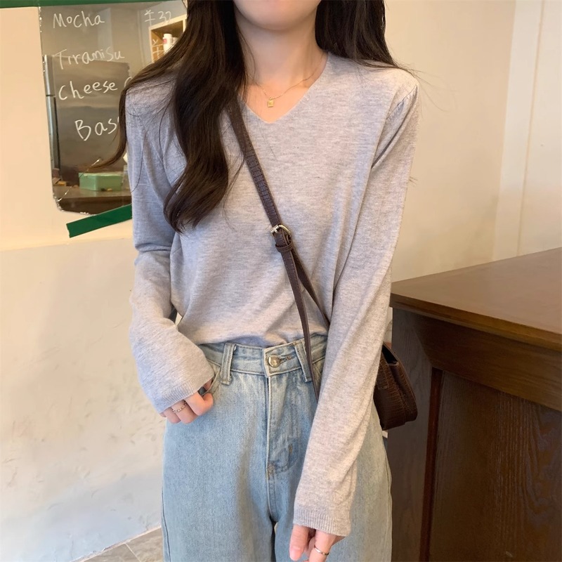 春秋冬季2025新款韩版长袖V领套头内搭打底针织衫女宽松毛衣上衣|undefined