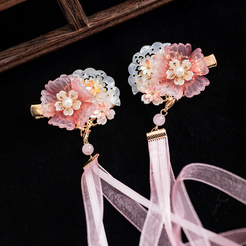 Children's Hanfu headwear pink ribbon hairpin ancient style hair accessories clip tassel step rocking accessories 18.9GF209