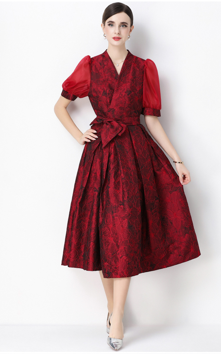 Đầm maxi nữ thắt eo V cổ tay ngắn họa tiết jacquard thanh lịch — màu đen, xanh lam, Màu hồng, màu trắng chi tiết 22