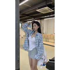 红人馆格子衬衫女夏款2025新款蓝色法式上衣长袖慵懒风超好看衬衣