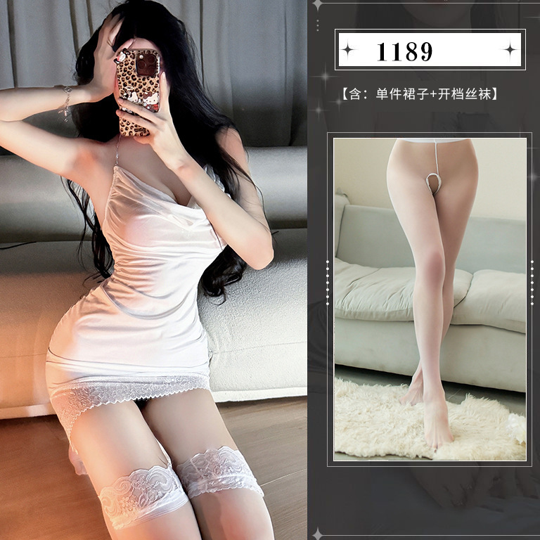 퓨어 디자이어 서스펜더 스커트 - 화이트 + 화이트 오픈 스타킹