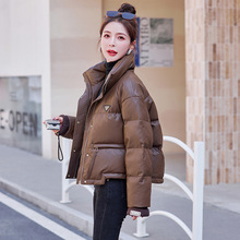 实拍高端免洗PU皮短款羽绒服女冬季新款小个子时尚立领加厚面包服