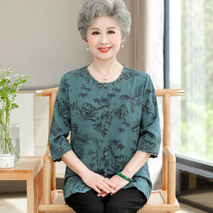 Summer New Style Chinese-Style Tops for Middle-Aged and Elderly People, Fashionable and Slimming Middle-Aged Tops for Mothers, Grandma's Loose Two-Piece Set