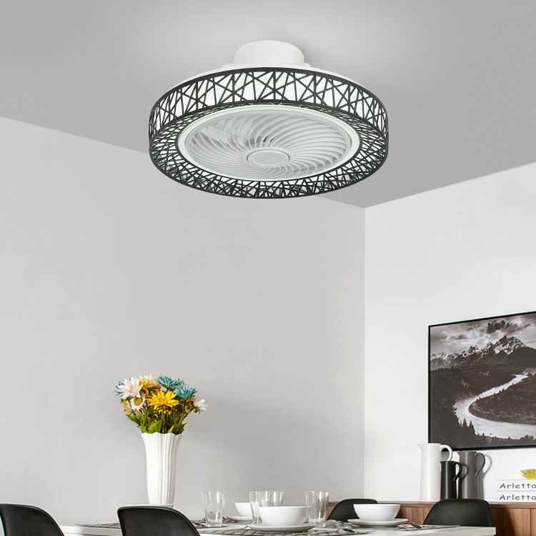 Luz de ventilador de techo inteligente nórdico patrón hueco luz de techo sala de estar dormitorio LED ventilador integrado luz transfronteriza