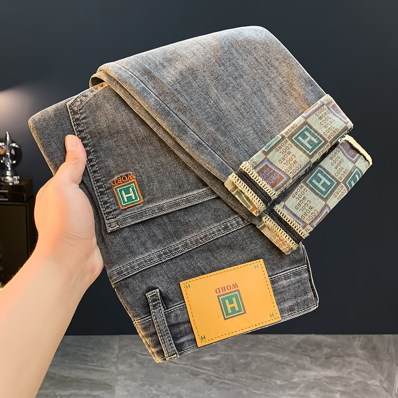 Smoke Gray Cropped Jeans for Men 2025 Summer Thin Trendy Brand Printed Slim Pants Casual Versatile Straight Pants