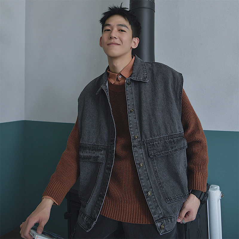 Denim Vest Men's Ins Fashionable Handsome Vest Jacket Retro Overalls Waistcoat Loose BF Hong Kong Style Spring Jacket