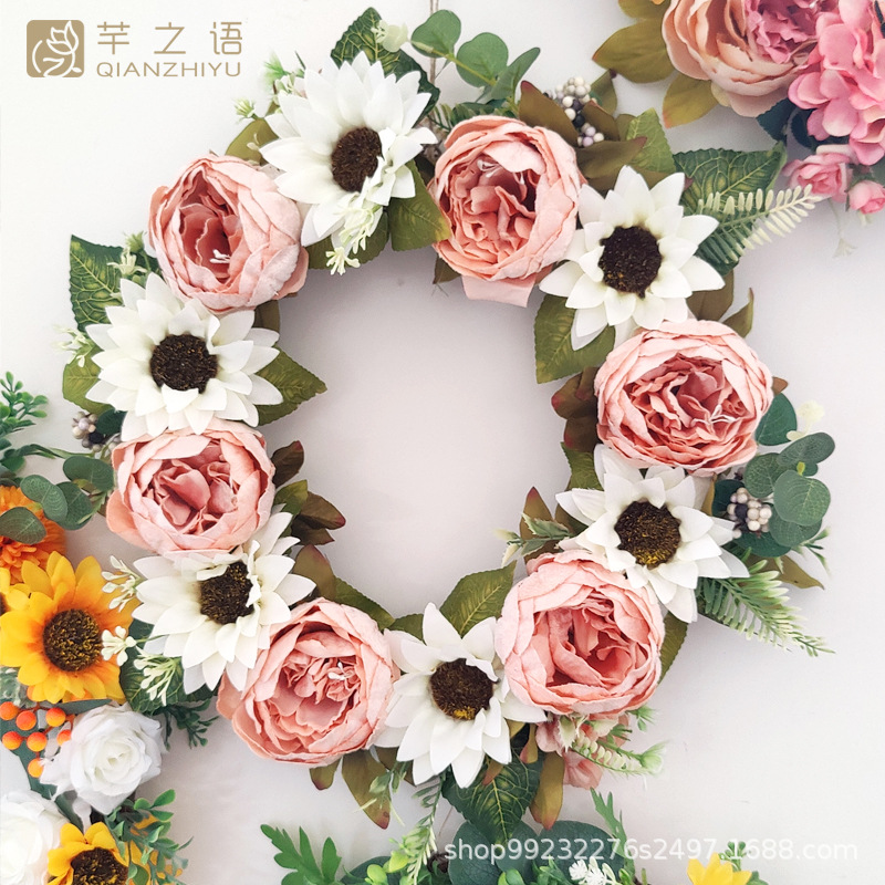 亞馬遜仿真絹布牡丹門飾婚禮門楣花攝影婚慶燭臺花環(huán)絹花粉色掛飾