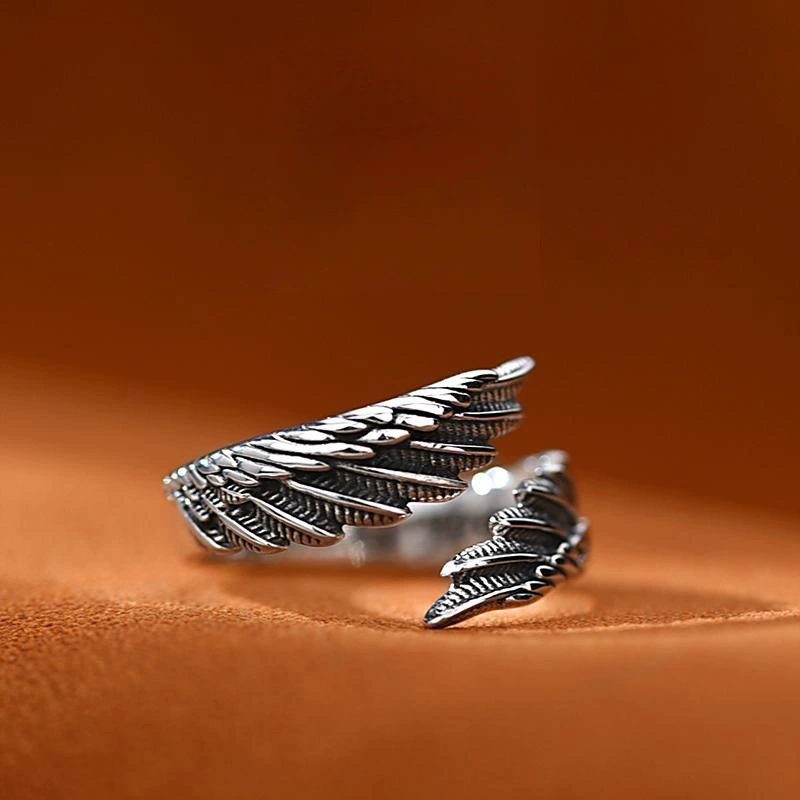 Yishang s925 Thai silver angel wings men's and women's simple retro personalized creative high-grade versatile feather ring