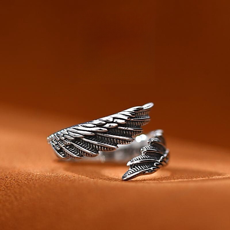 Yishang s925 Thai silver angel wings men's and women's simple retro personalized creative high-grade versatile feather ring