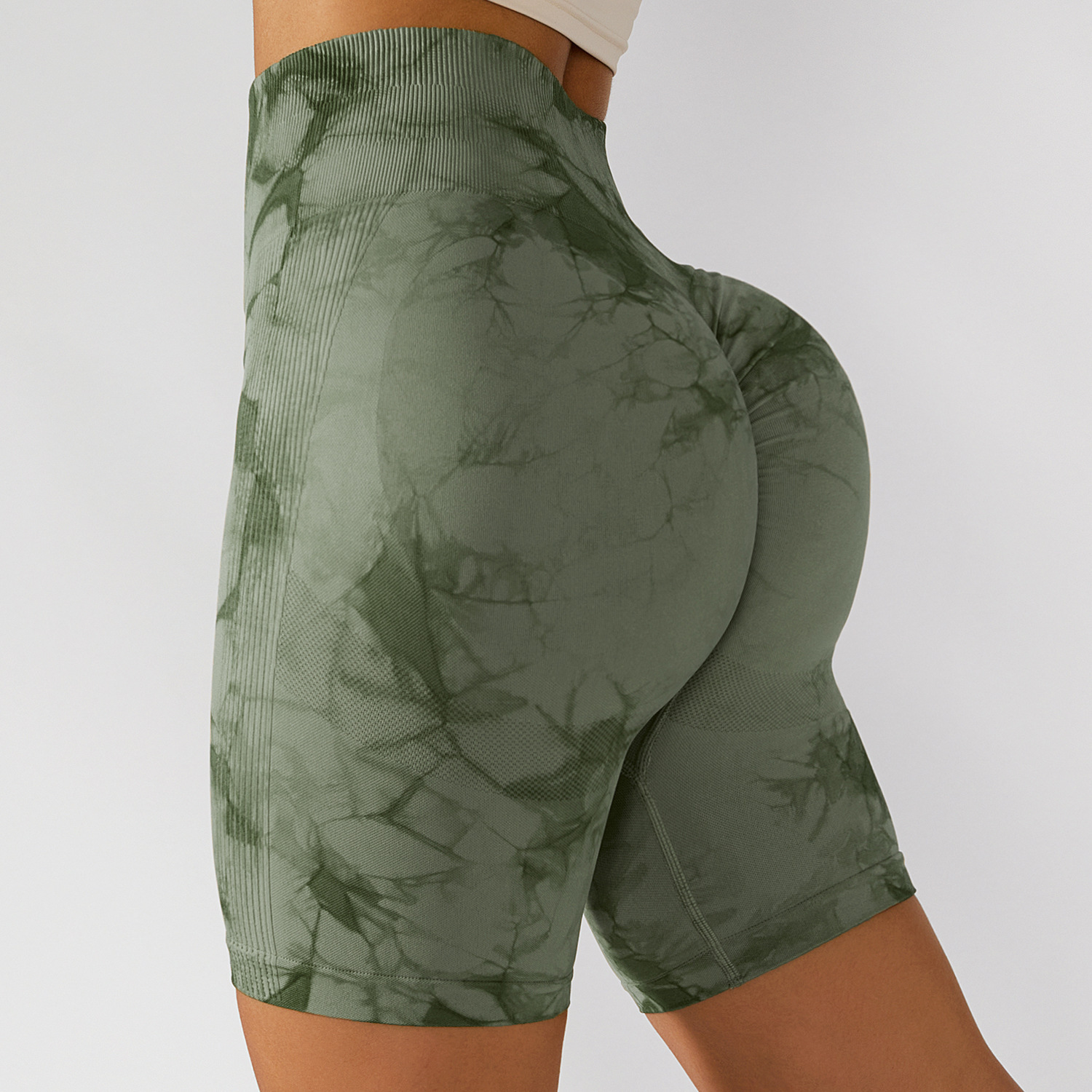 En stock sin costuras Peach Hip tie-dye pantalones cortos de yoga cintura alta slim fit Pantalones deportivos estiramiento transpirable pantalones cortos de fitness