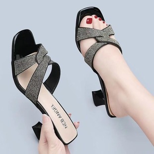 Thick Heel Slippers for Women 2025 Summer New Sandals for Women Medium Heel Slippers Fashionable Versatile Rhinestone High Heel Sandals