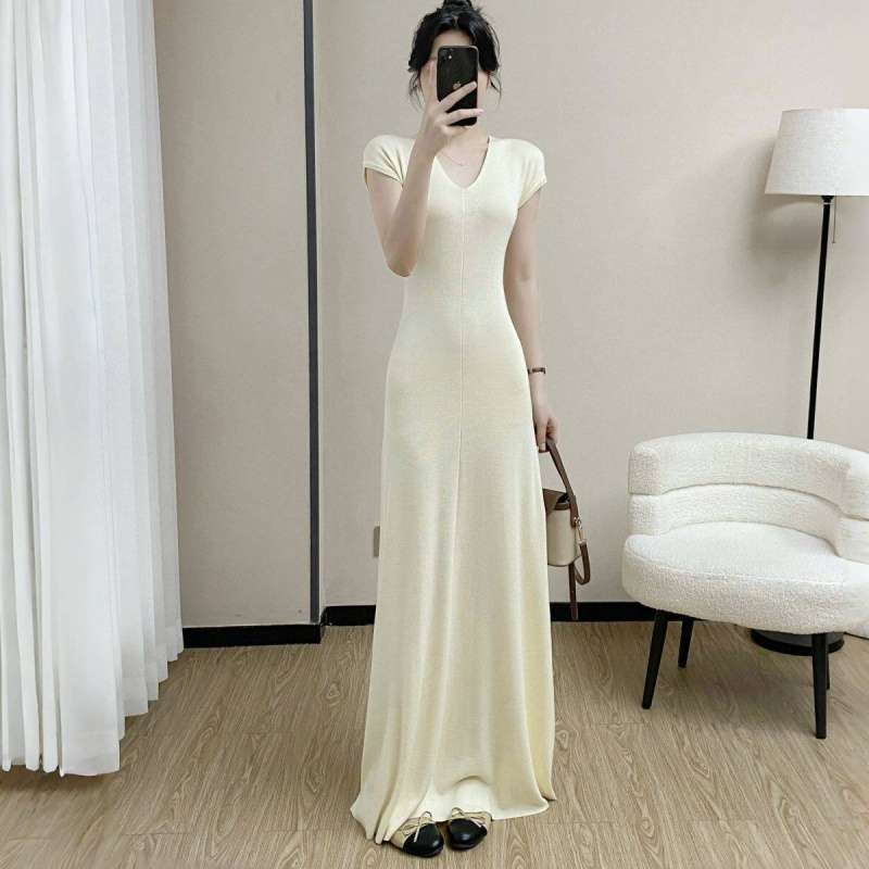 Long V-Neck Slim-Fit A-Line Dress with Small Flutter Sleeves in Ice Silk, Elegant and Floor-Length Long V-Neck Slim-Fit A-Line Dress with Small Flutter Sleeves in Ice Silk, Elegant and Floor-Length