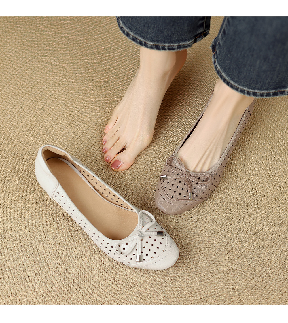 Giày sandal nữ hở mũi gót thấp 3,5 cm, thiết kế đục lỗ thoáng mát, phong cách đơn giản bốn mùa — màu trắng ngà chi tiết 1