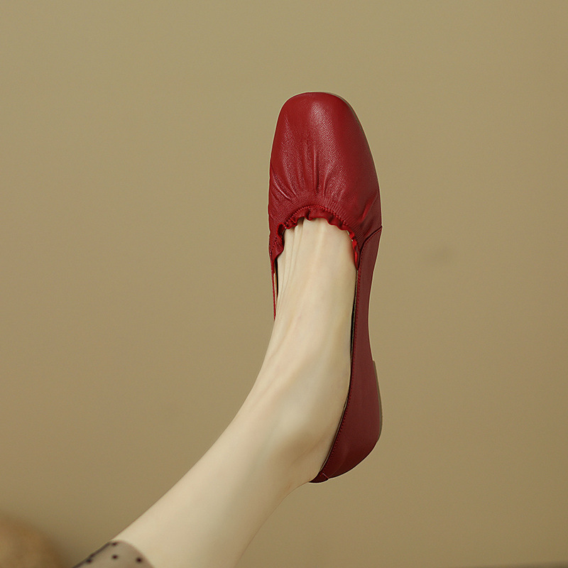 Giày ballet nữ đế bằng da bò mềm mũi tròn phong cách văn nghệ — Màu đỏ rượu
