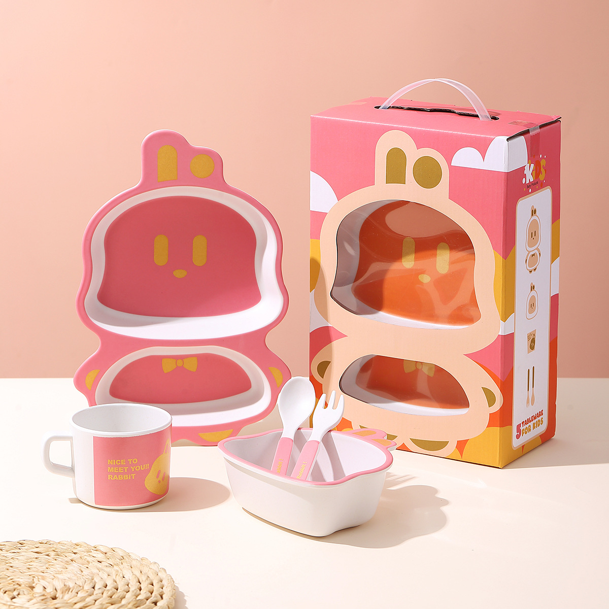 Food-Grade Baby Bamboo Fiber Kidsren's Tableware Classy Food Supplement Feeding Plate Bowl Eating Training Fork and Spoon Set