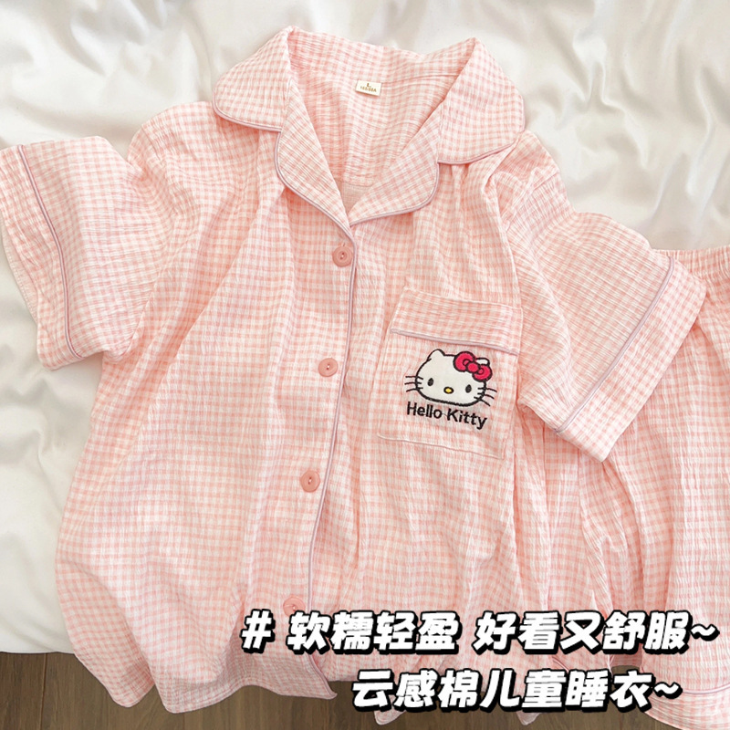 Girls Summer Air-Conditioned Pajamas Summer 2025 New Style Girls Medium and Large Kidsren's Short-Sleeved Cloud Cotton Thin Suit