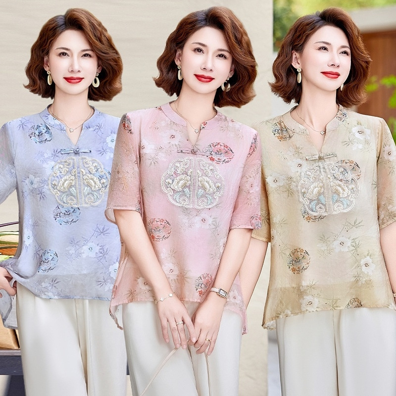 Middle-aged Mother's Summer Dress Chinese-style suit National Style Small Shirt Temperament Fashion Short-sleeved Lining Middle-aged and Elderly Women's Summer Shirt
