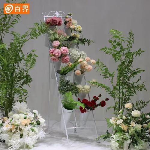 Multi-layer step ladder flower rack, iron flower shop flower display stand, flower pot, flower arrangement cylinder, floor-standing display rack