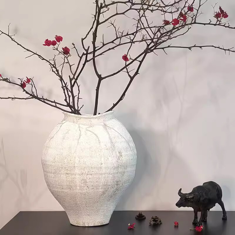 Vintage Wabi-Sabi Style Zen Ceramic Vase Ornament, Rustic Pottery Flower Vessel, Retro Feng Shui Hydroponic Ceramic Decoration for Guesthouses and Hotels
