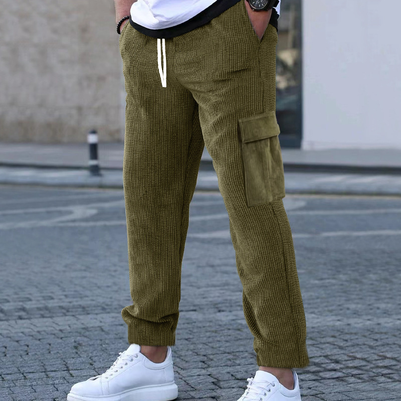 Men's New Corduroy Pants Solid Color Sports Pants Loose Straight Multi Pocket Casual Pants_voghion.com