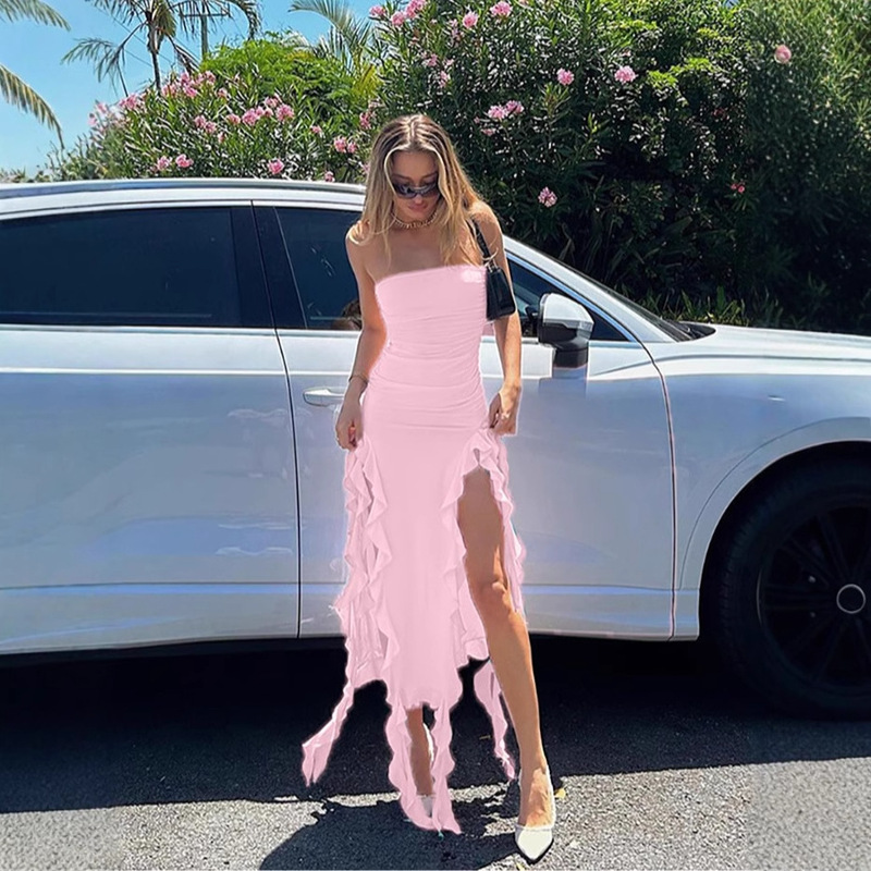 2024 spring and summer European and American style fashion trend women's new style off-shoulder tube-shaped hip slim irregular dress