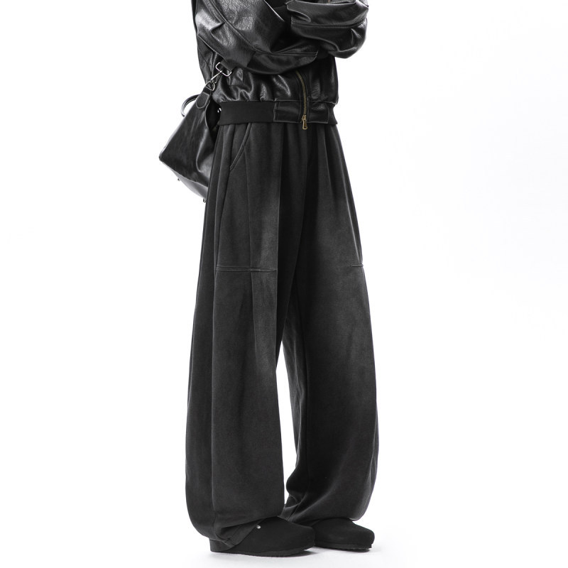 2026 American-style washed and distressed trendy casual sweatpants for men, autumn high-street drawstring wide-leg pants, loose straight fit