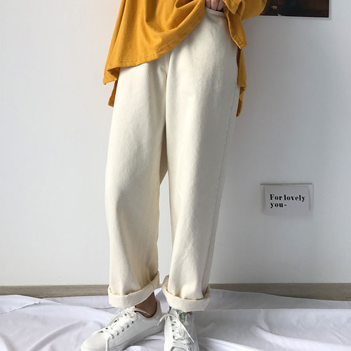 Autumn and Winter creamy-white loose high waist wide leg casual preppy style jeans cream pants trousers women's harem pants