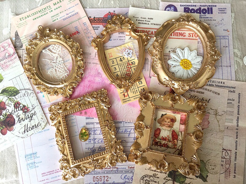 Ins Style Golden European Style Relief Resin Small Photo Frame Retro Carved Handbook Material Decorative Material Photo Props