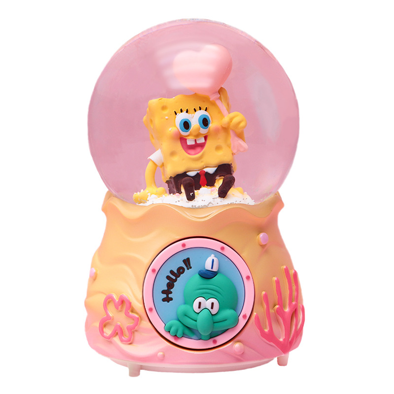 Animado encantador con la misma caja de música de bola de cristal de Bob Esponja resina creativa brillante nieve flotante caja de sonido boutique