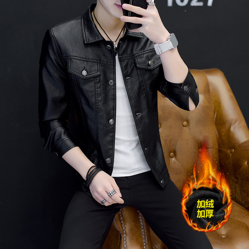 Leather Jacket For Men,Fashionable Autumn And Winter Velvet Warm Korean Style Slim Andy Men's Youth Handsome Lapel Pu Leather Jacket