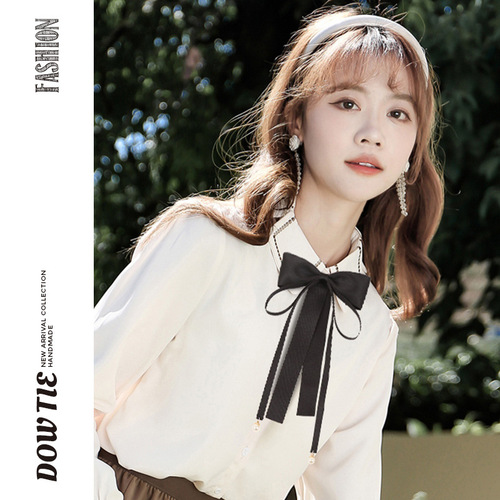 Bow tie women's ribbon with tassels lace pink Korean version Japanese style solid color bow, versatile fashionable sweet pin brooch