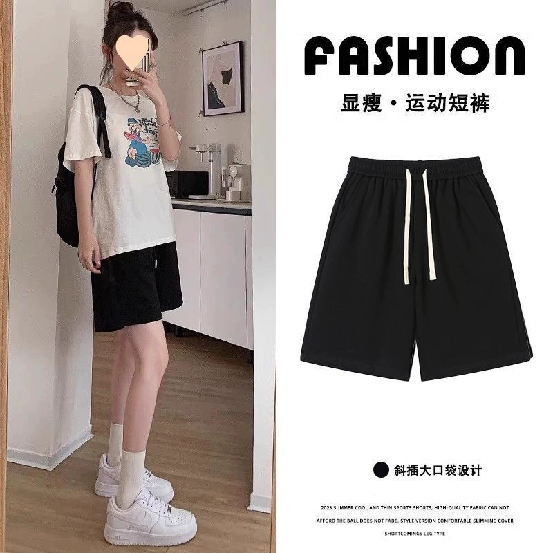 Женские летние тонкие свободные утягивающие прямые повседневные черные шорты до колена с высокой талией для бега