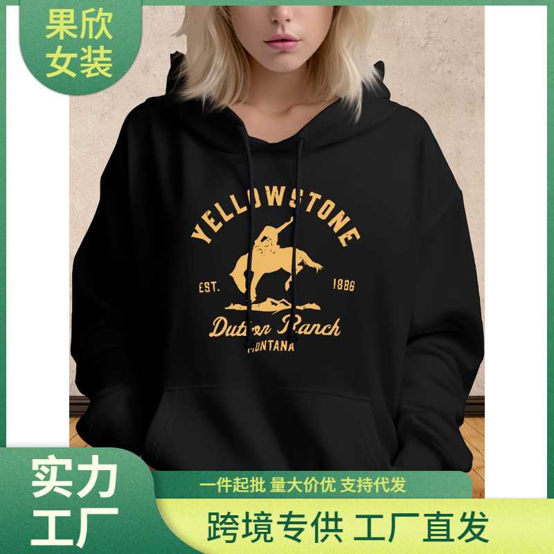 Large Yellowstone Dutton Ranch Graphic Women's Hoodie - Cozy Polyester Long Sleeve Sweatshirts with
