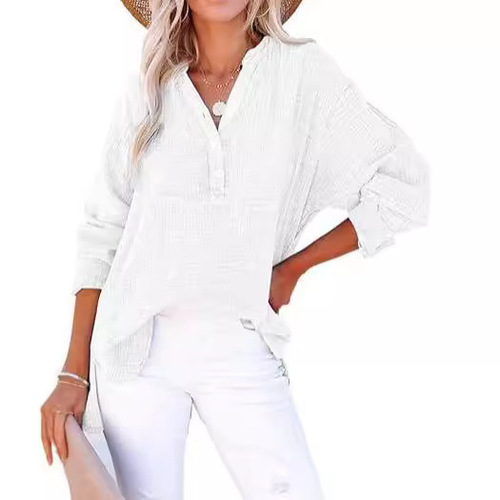 2024 Western and Eastern Fashion Spring and Autumn Crepe Button Long-Sleeve Solid Color Women's Shirt Loose Cotton Hooded Top