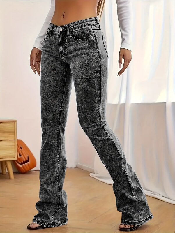 2025 Cross-Border New European and American Women's Slim Fit Stretch Flared Jeans with Low Waist and Button Placket