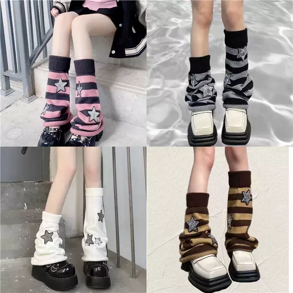 Y2K College Style Striped Knitted Leg Set Women's Autumn and Winter Calf Socks Set Hot Girls Wide Leg Pants Snow Boots Matching Socks