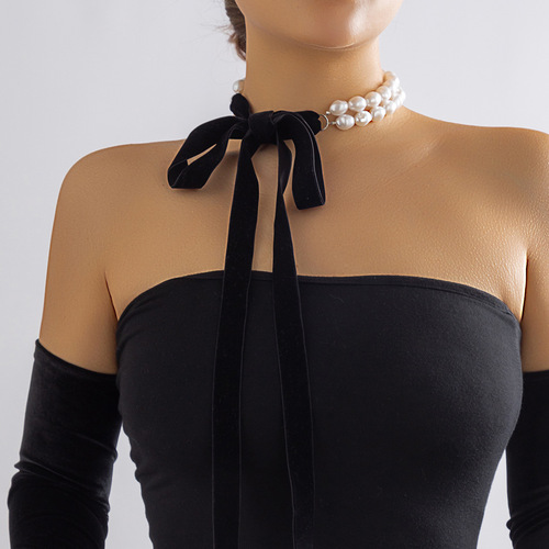 European and American cross-border jewelry, retro French palace pearl necklace, elegant and simple diy velvet bow necklace