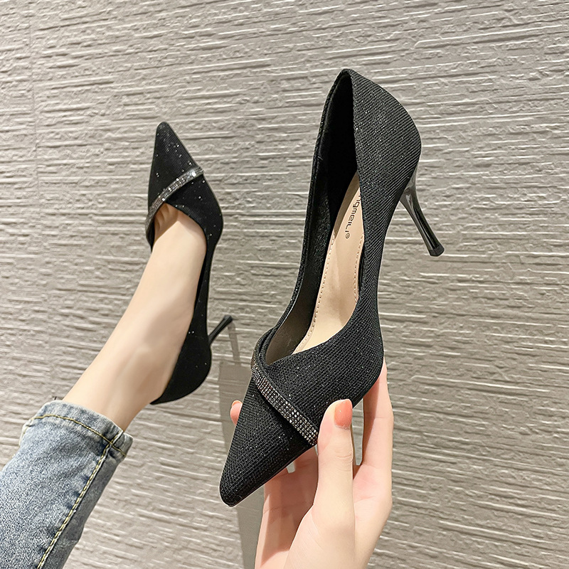 Fairy shoes gentle single-layer shoes women's mid-heel 2023 new autumn French rhinestone pointed shoes low-cut stiletto heels