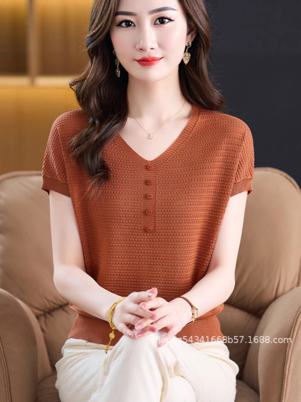 夏季冰丝针织短袖t恤女2025年新款时尚百搭V领薄款舒适T恤上衣女|undefined