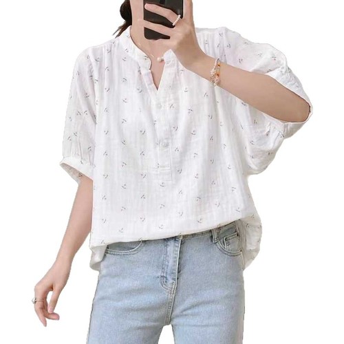 Japanese-style new half-open V-neck double-layer cotton gauze printed five-button sleeve women's literary casual loose top wholesale