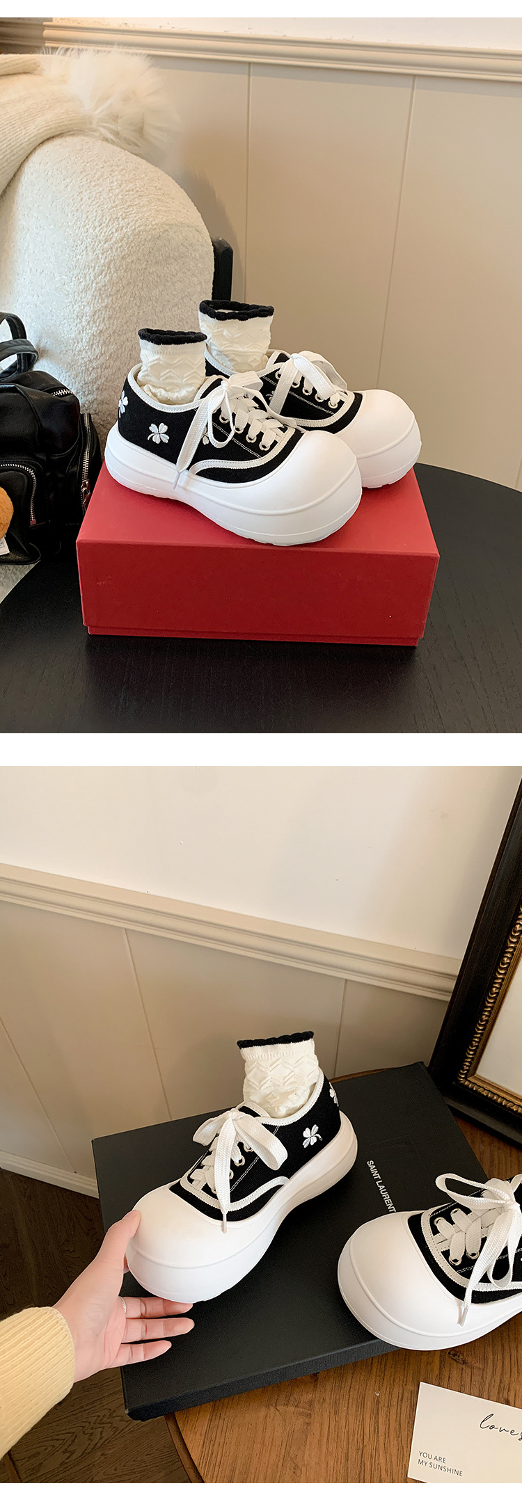Giày sneaker nữ chunky đế dày thêu hoa mùa xuân 2026 — màu đen, màu vàng, màu đỏ chi tiết 17