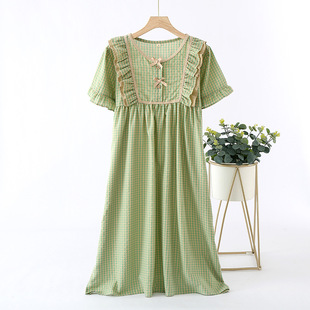 Summer Thin Short-sleeved Plaid Sweet Cute Mid-length Nightgown Lace Bow Girl Outwear Home Clothes