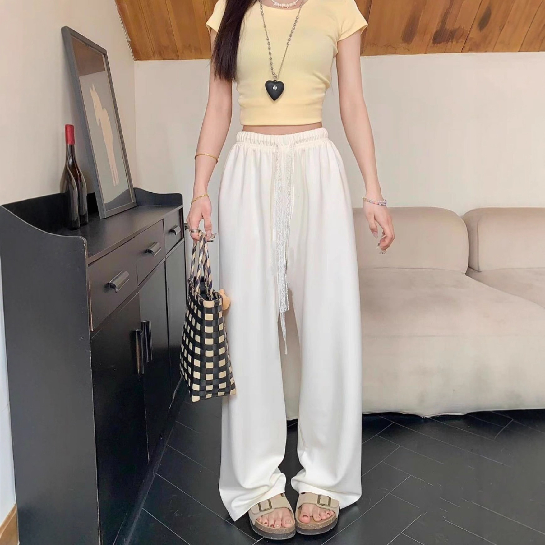 2025 New Lazy Lace Drawstring Milk Wide Leg Pants Women's Spring and Summer Loose Drape Floor-Mopping Straight-Leg Casual Pants