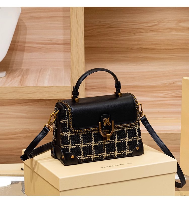 Túi xách tay da thật họa tiết houndstooth cổ điển phong cách Chanel, quai đeo chéo — Màu đen chi tiết 4
